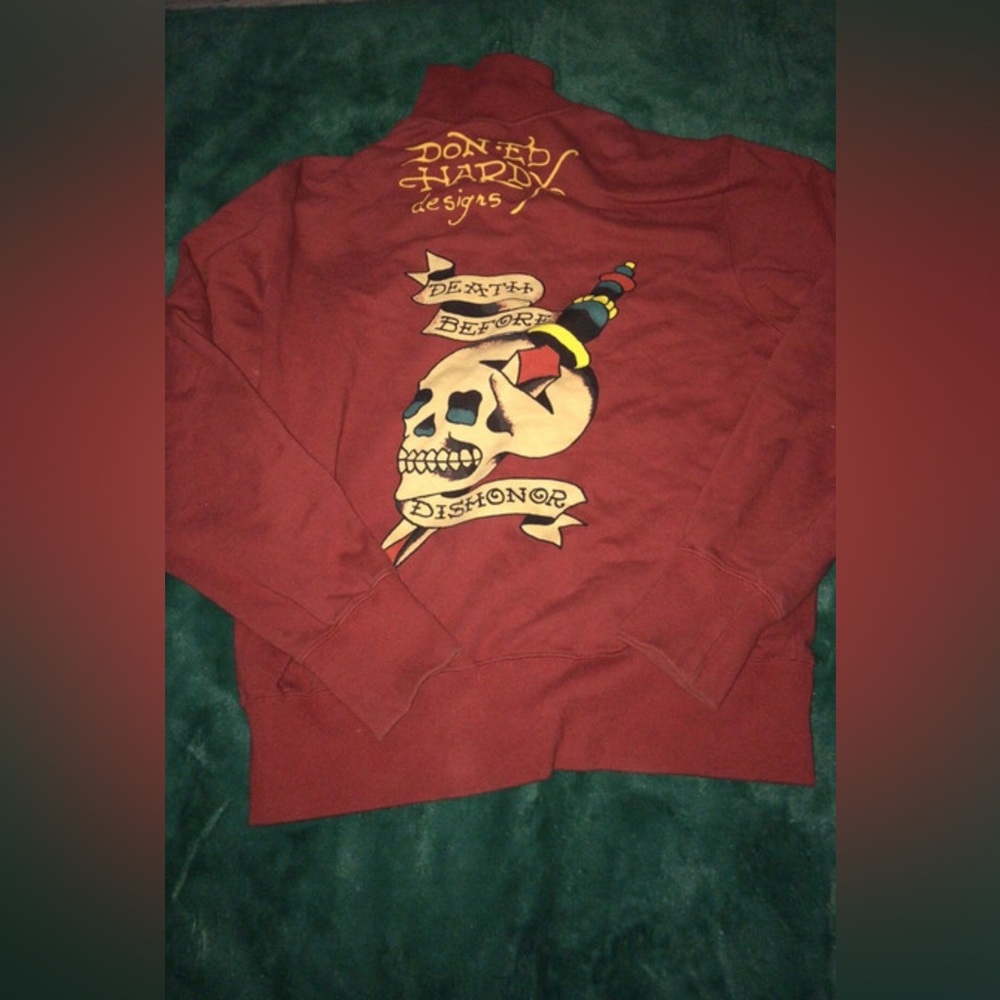 Ed-Hardy Sweater Jacket Large Zip- Up Skull Dragon Burgundy Christian- Audigier